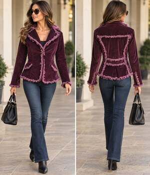 Vintage Cache Burgundy Purple Velvet Fringe Jacket Y2K Statement Blazer Sz8 RARE